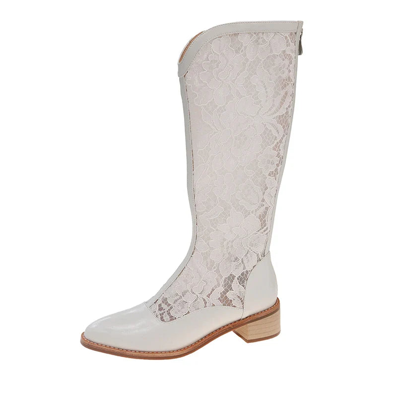 Lace Hollow Out Knee High Boots Skinny Thick Heels Shoess Breathable Long Booties
