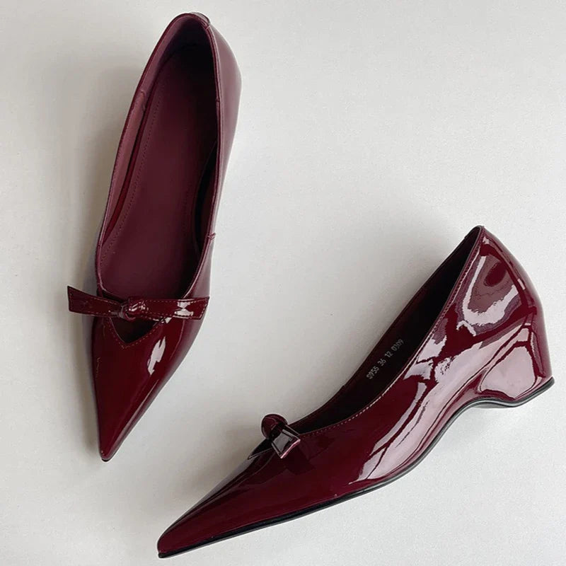 Lamb Skin Mary Janes Pointed Toe Low Heel Slip-On Shoes French Elegance Butterfly Knot