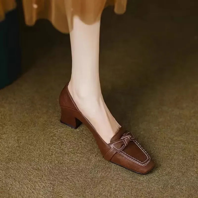 retro square toe high heels and butterfly decorative office girl mid-heeled shoes