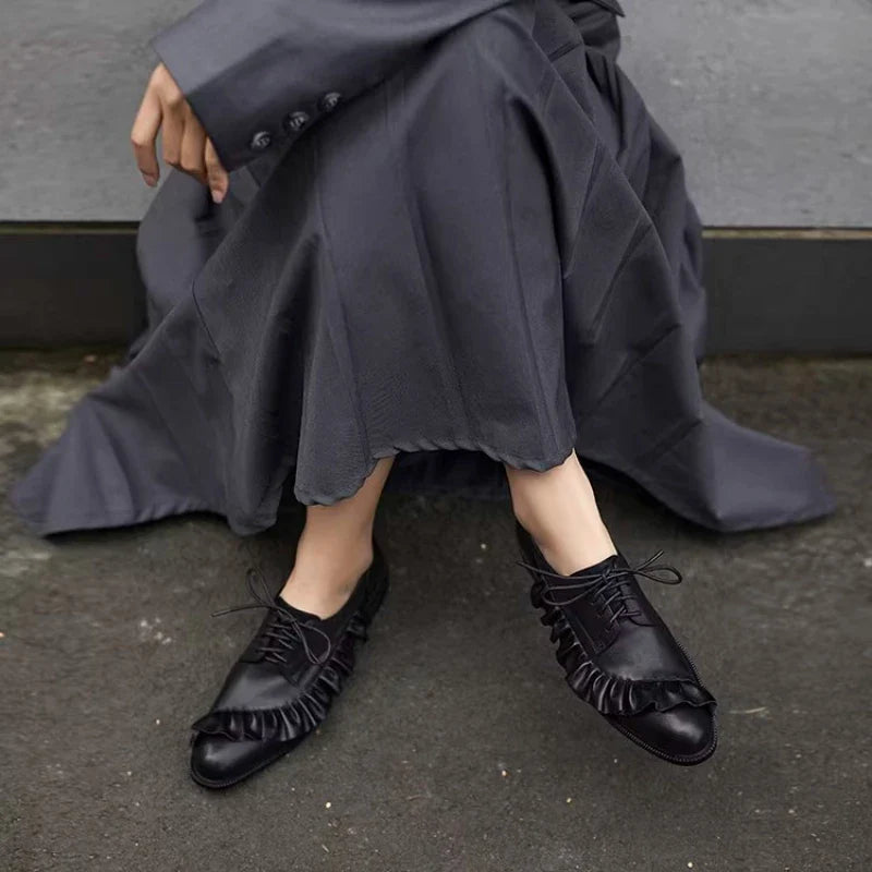 Black Soft Leather Lace-up Loafers Pleated Design Brand Low Heel Pumps Cozy Commuter Office Shoes Zapatos De Mujer