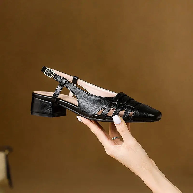 Design Vintage Square Toe Block Heels 3.5cm Back Buckle Strap Big Size 43 Dating Shoes 31 32