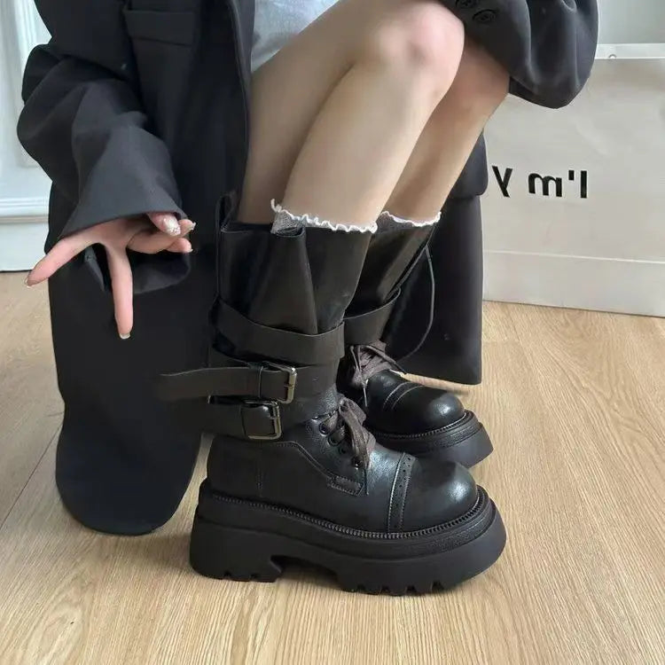 Mid Calf Boots Flats Platform Shoes Lace Up Woman Buckle Chelsea Boots Sport Walking Shoes