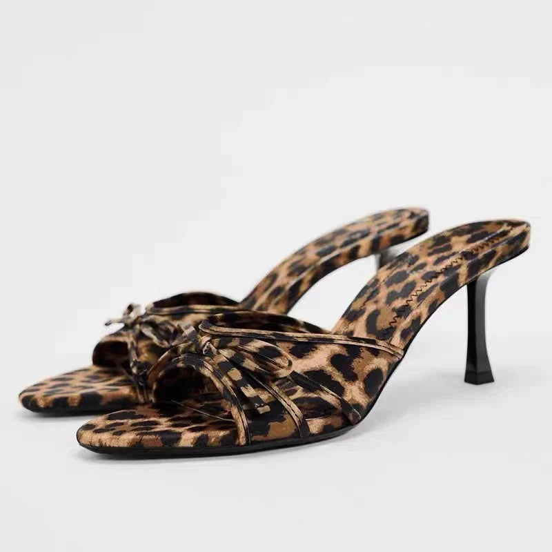 Summers Leopard Slippers Shoes Casual Street Style Open Toe High Heel Slides