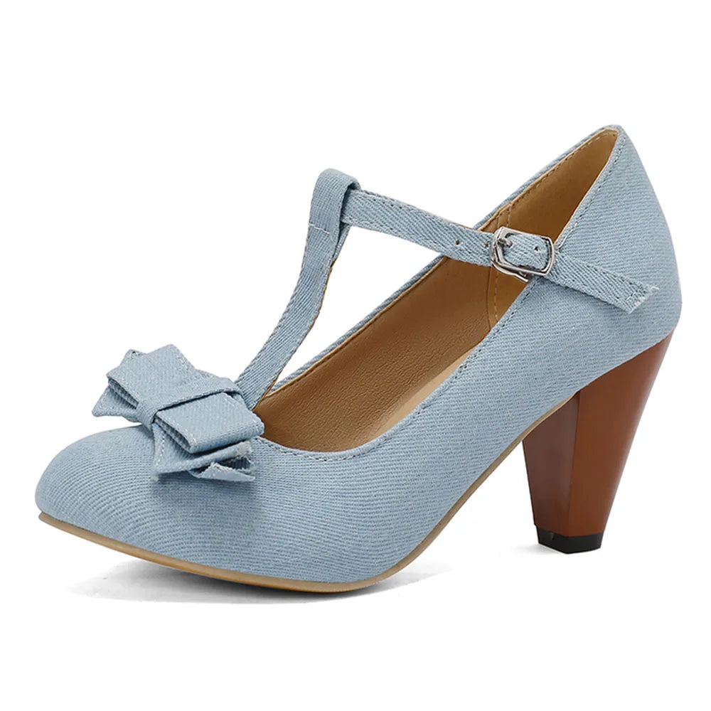 Plus Size 48 Brand Round Toe Chunky Heel Pumps Elegant Bow Buckle Solid Party Shoes