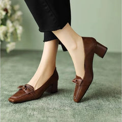 retro square toe high heels and butterfly decorative office girl mid-heeled shoes