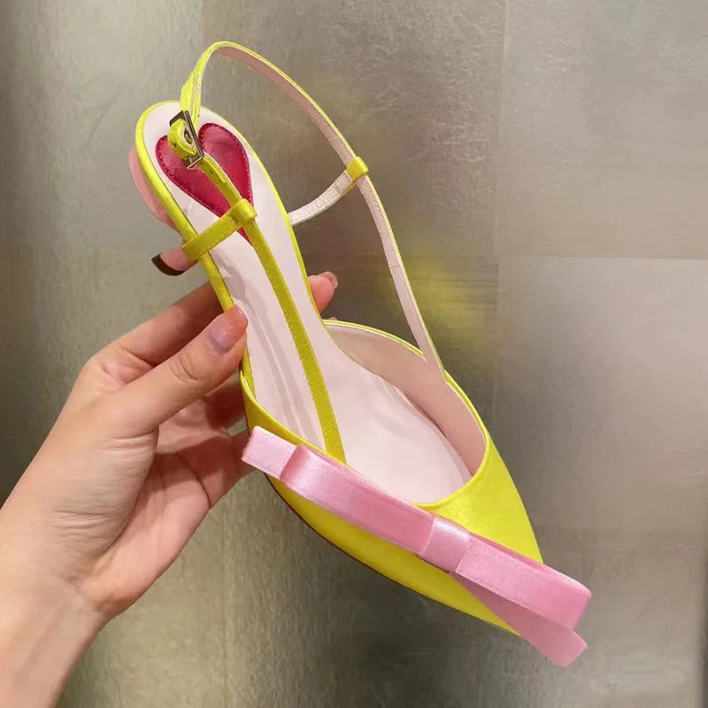 Yellow Pointed Toe Bowknot Satin Cat Heel Sandals Woman Heart Color Matching Buckle Strap Closed High Heel Shoes