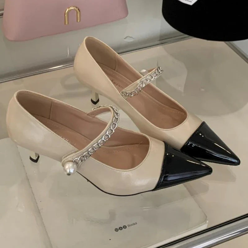 Pointed Toe Thin High Heel Shoes Design Buckle Metal Decoration Elegant Banquet Mary Jane Shoes