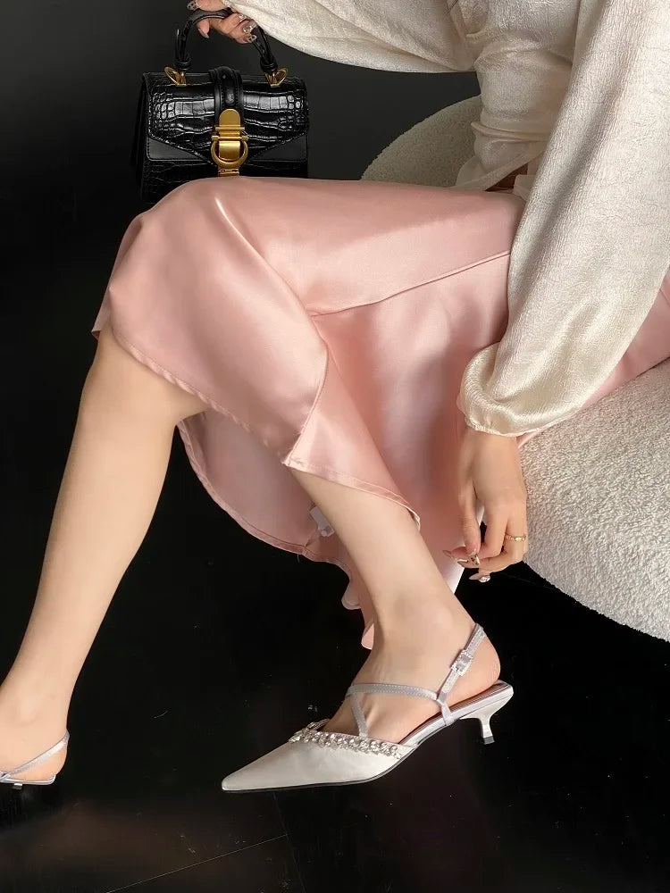 CRYSTAL Pointed Toe Narrow Band Woman Pumps Sandals Elegant Thin Low Heels Slingbacks Buckle Strap