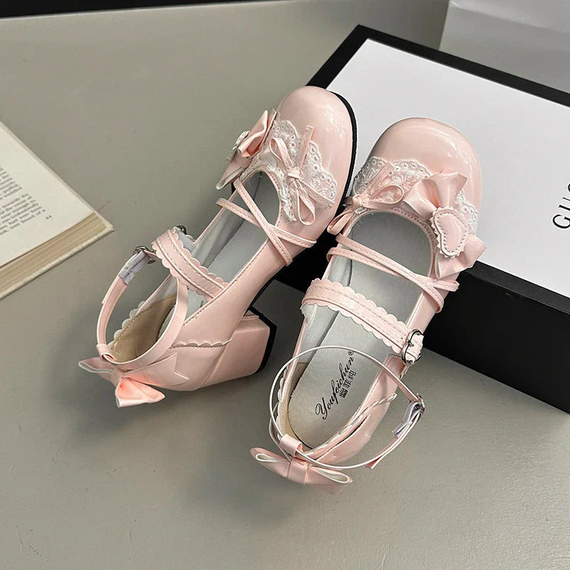 Butterfly-knot Lolita Mary Jane Shoes Elegant Round Toe Thick Heel Shoes Dress Pumps