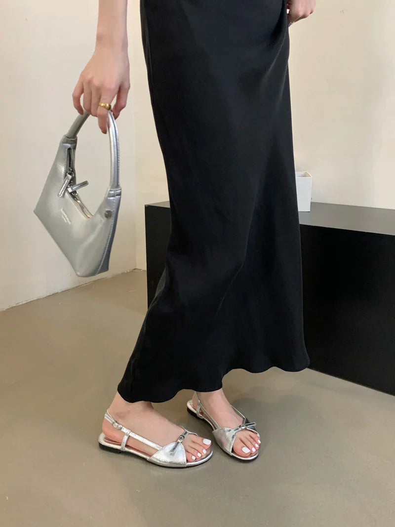 Silver Sandals Flats Brown Belt Buckle Shoes Flats Sandal Comforts Sandalias De Mujer