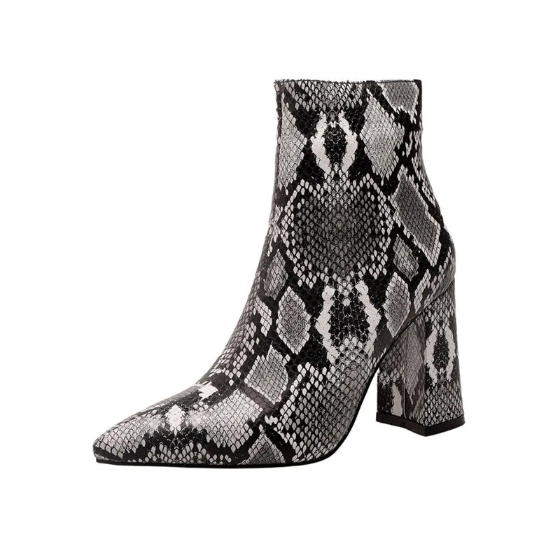 Snake Print Pu Leather Ankle Boots Zip Pointed Toe Footwear Block High Heels Boot Party Shoes 43