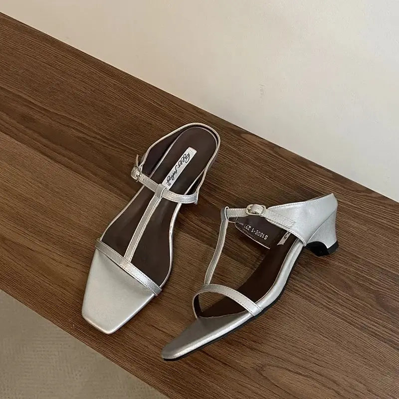 Slipper Square Heels Sandals Square Toe Party Wedding Shoes Slip On Beach Slides Mujer