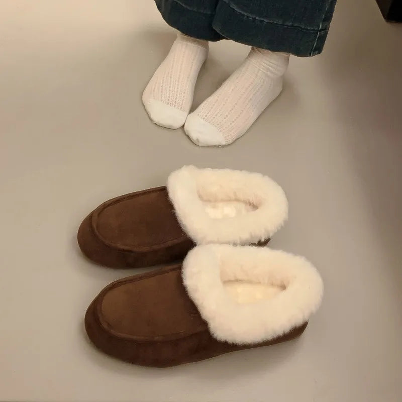 Vintage Fleece Lined Flats Shoes Concise Shallow Slip On Shoes Elegant Keep Warm Snow Shoes
