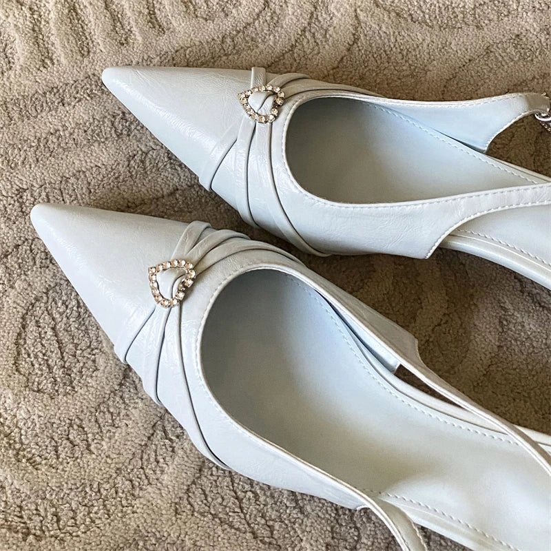Pointed Toe Slingbacks Elegant Buckle Strap Thin Low Heels Party Prom