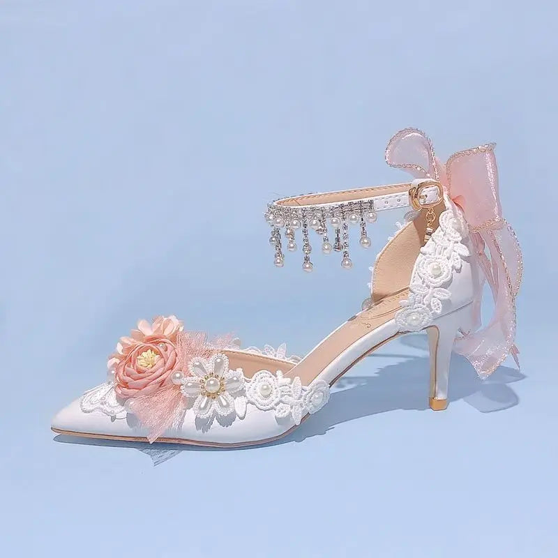 Lolita Brode Shoes Pearl Rhinestone Pink High Heels
