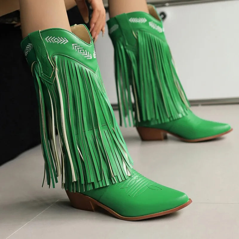 Fringe Western Boots Pink Sweet Embroidered Boots Brown Tassels Block Medium Heels Shoes Plus Size 48 Lady