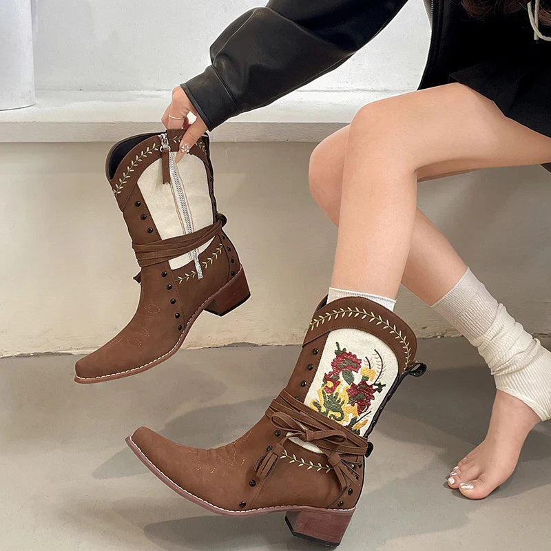 Vintage Ethnic Style Embroidery Woman Ankle Boots Shoes Elegant Thick Heel Western Cowboy Botas