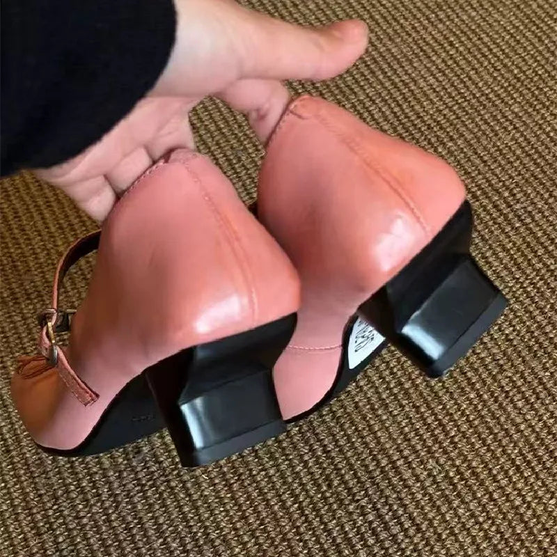 Pleated Square Toe Chunky Heel Mary Jane Shoes Bowknot Design Elegant Heels