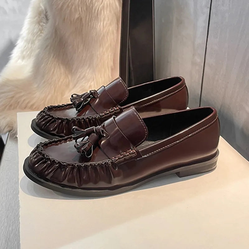 Patent Leather Tassel Design Loafers Square Heel Flat Shoes Comfortable College Style Shoes Zapatos De Mujer