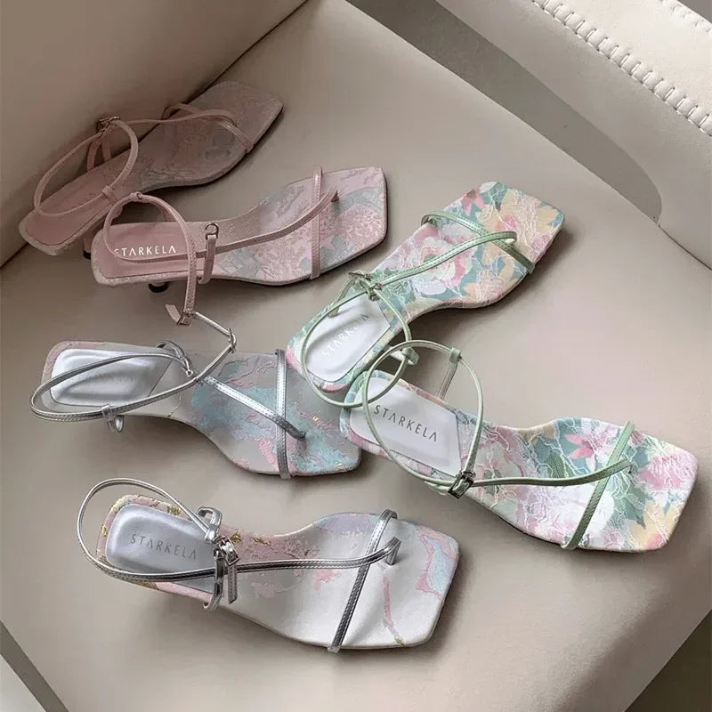 High Quality Original Elegant Satin Floral Design Heels Ankle-Wrap Clip Toe