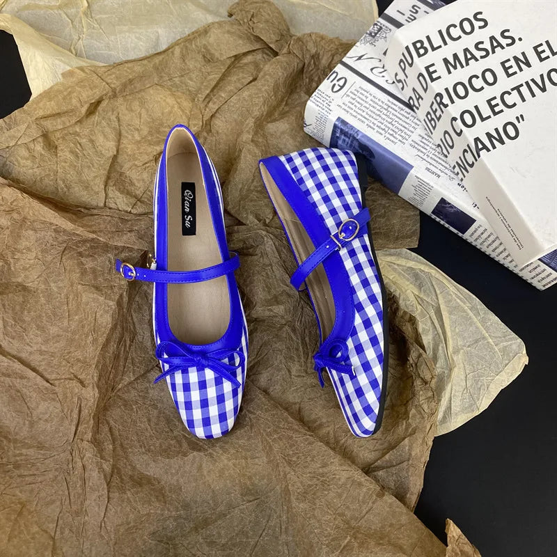 High Quality Checkered Design Mary Jane Shoes Inner Height Increase Flat Ballet Shoes Comfortable Soft Bottom