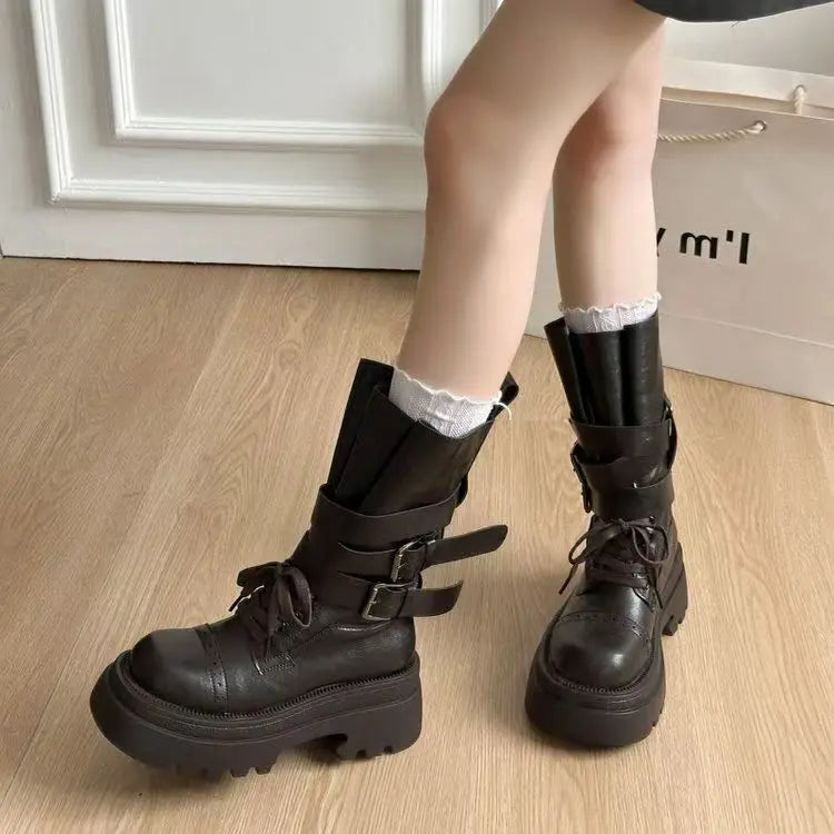Mid Calf Boots Flats Platform Shoes Lace Up Woman Buckle Chelsea Boots Sport Walking Shoes