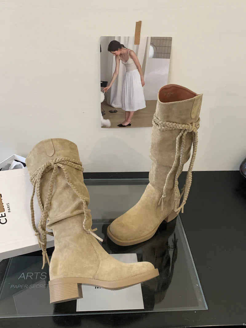 Brown Suede Boots Woman Round Toe Fall Gothic Shoes Chunky Heels Knee High Boots Western Style Shoes