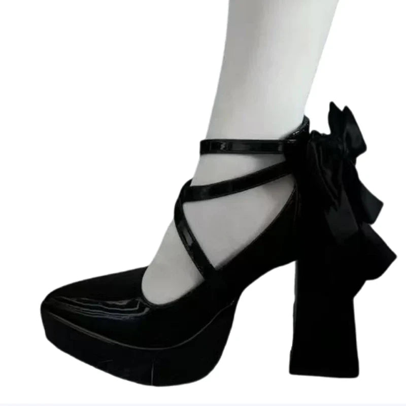 Bow High Heels Mary Jane Shoes Pointed Toe Shoes Platform Sandals Lolita Party Pumps Chunky Zapatos Woman