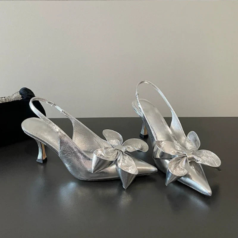 Bow Flower Pointed Toe Slip-On Stiletto Sandals Woman White Slingback Rear Strap High Heel