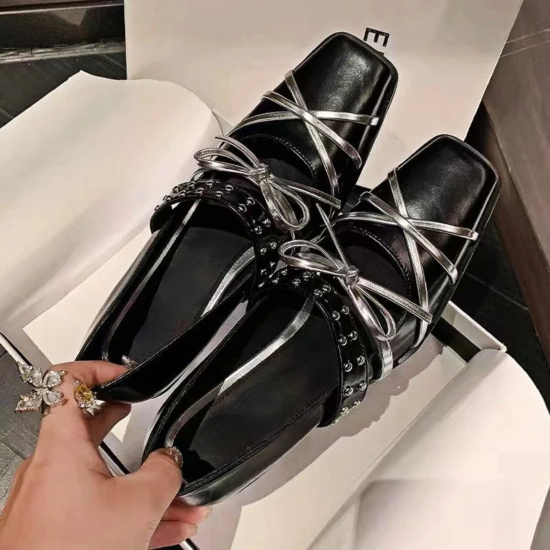 Rivet Platform Mary Jane Shoes Square Toe Pumps Cross Strap Bow Chunky Shoes