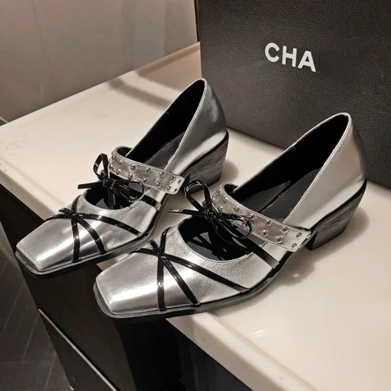 Rivet Platform Mary Jane Shoes Square Toe Pumps Cross Strap Bow Chunky Shoes