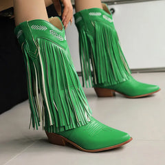 Fringe Western Boots Pink Sweet Embroidered Boots Brown Tassels Block Medium Heels Shoes Plus Size 48 Lady