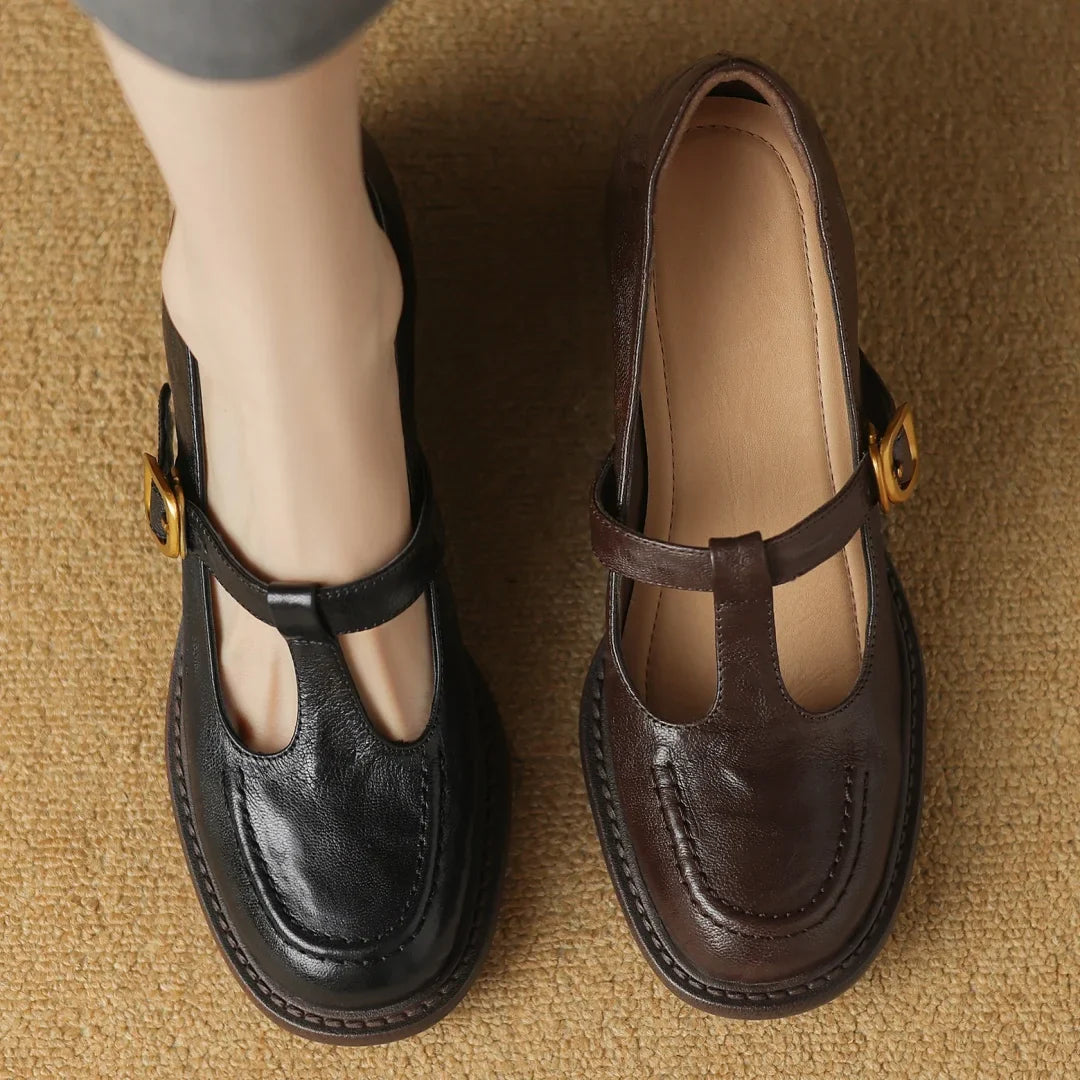 sheepskin chunky heel round toe t-strap slip-on pumps British style retro med heeled shoes
