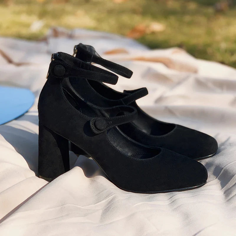 Black Suede Mary Janes Shoes Chunky Heel High Heels Round Toe Pumps Party Zapatos De Mujer