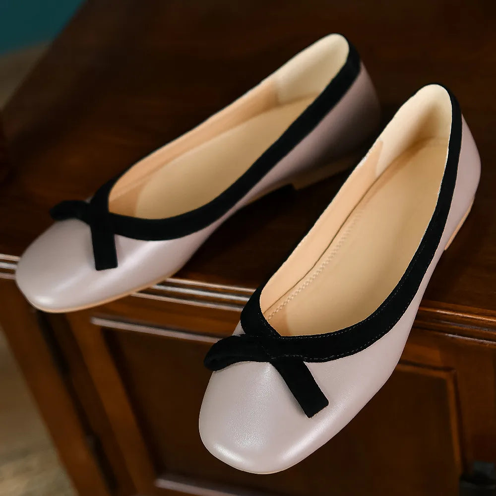 genuine leather bordered slip-on ballet flats square toe sweet bowtie korean style ballerians soft