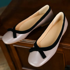 genuine leather bordered slip-on ballet flats square toe sweet bowtie korean style ballerians soft