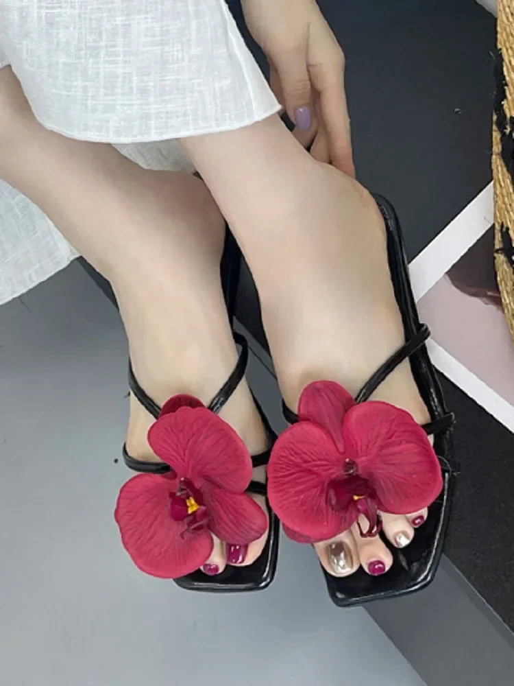 Flower Narrown Band Low Heels Slippers Square Toe Casual Beach Shoes Size 35-43