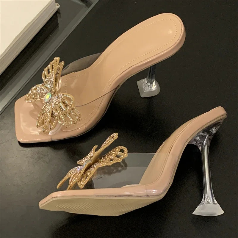 PVC Transparent Butterfly-knot Square Toe Woman Slippers Crystal Heels Slide Shoes