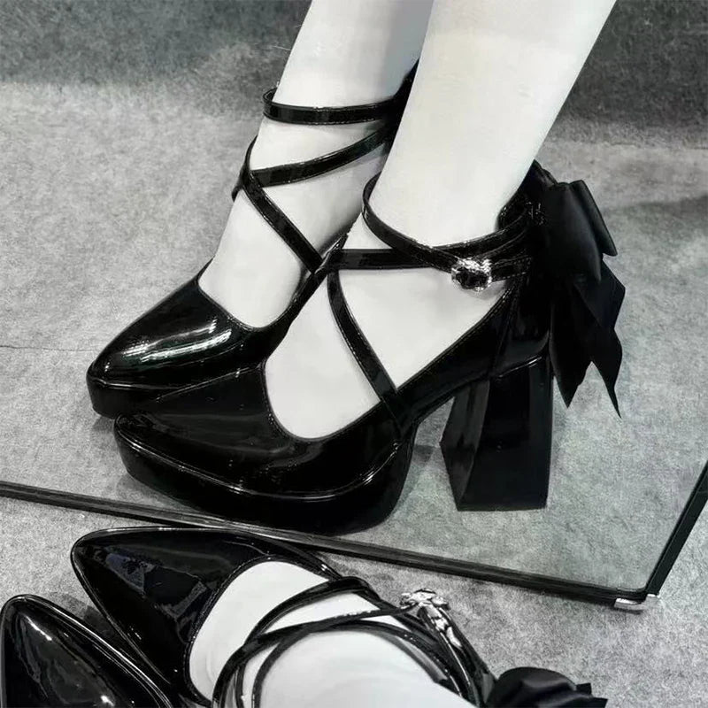 Bow High Heels Mary Jane Shoes Pointed Toe Shoes Platform Sandals Lolita Party Pumps Chunky Zapatos Woman