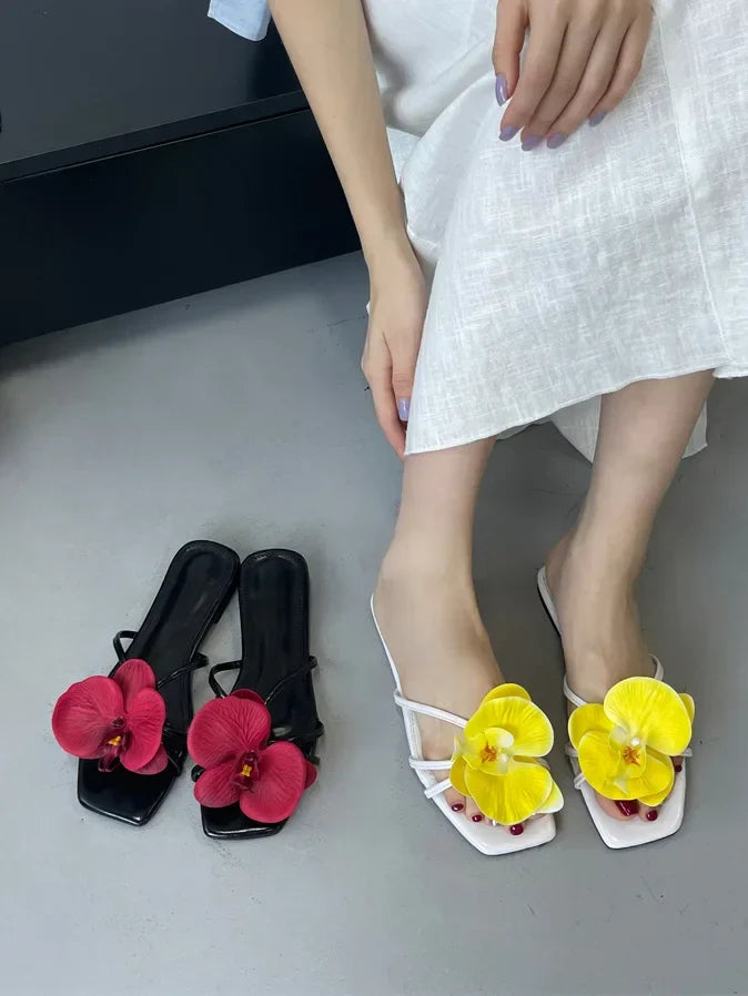 Flower Narrown Band Low Heels Slippers Square Toe Casual Beach Shoes Size 35-43