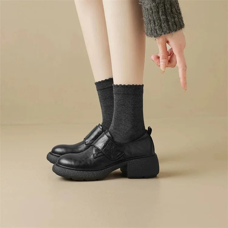 Round Toe Chunky Heels Loafers Casual Elegant Leather Slip On Mid Heels Shoes