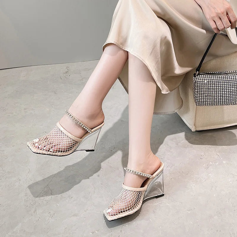 Sandals Rhinestone Mesh High Heels Footwear Elegant Square Toe Transparent Wedges Slippers