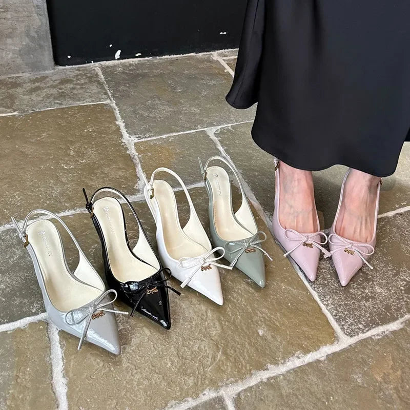 Bow Metal Buckle Design High Heels Pointed Toe Patent Leather Slingback Heeled Sandals Elegant Party Shoes