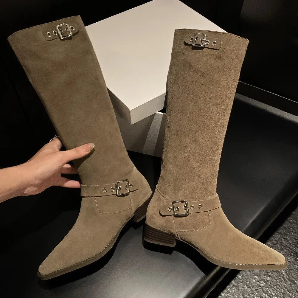 plus size 34-42 natural suede leather flats western boots double metal buckle casual long boots shoes