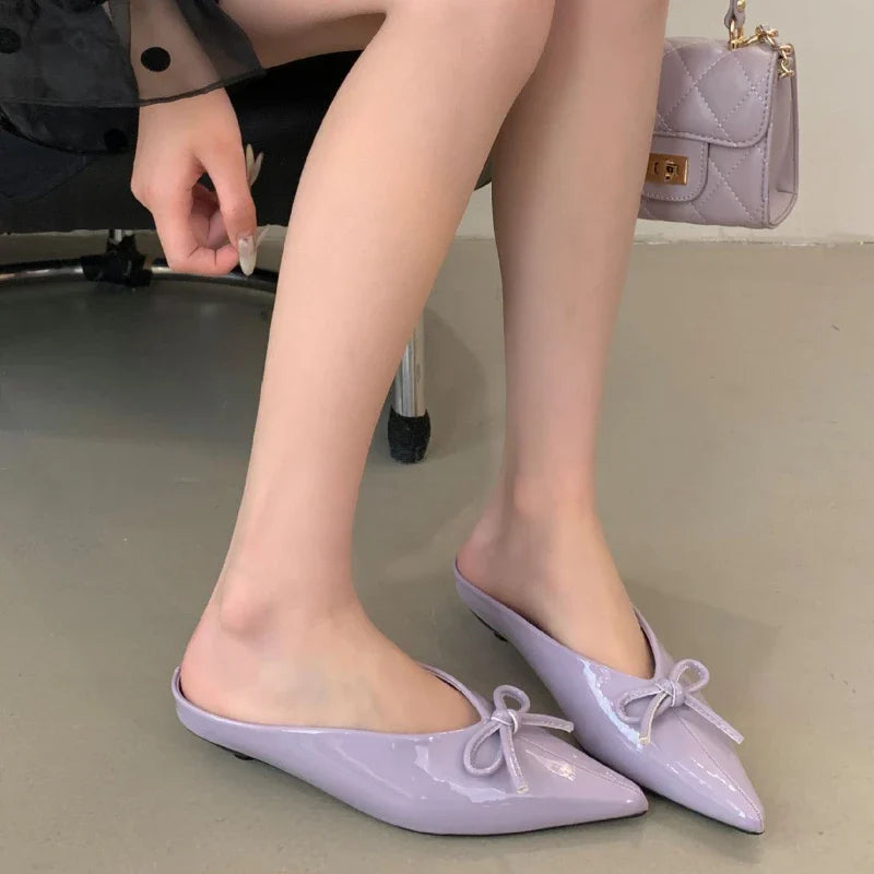 Slippers Bowknot Pointed Toe Heels Elegant Non-slip Mule Shoes Zapatos De Mujer