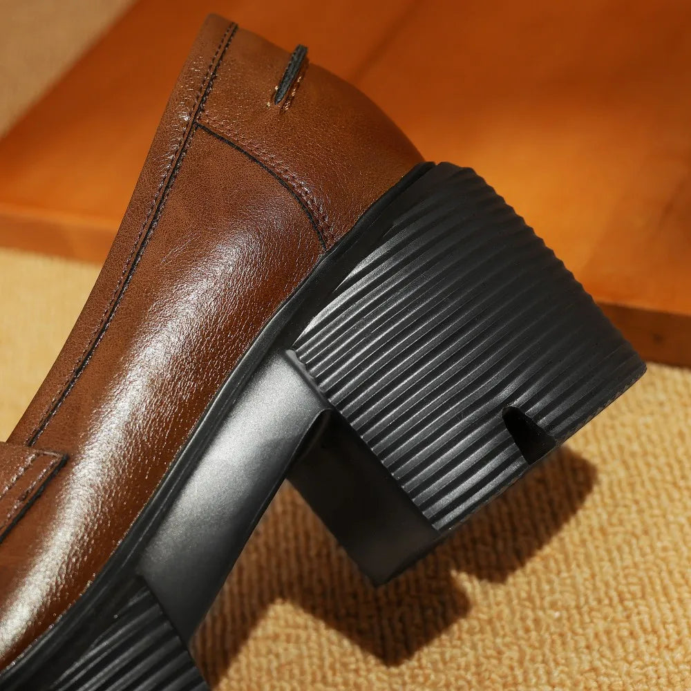 genuine leather chunky heel platform moccasins round toe high quality soft comfortbale loafers shoes hot