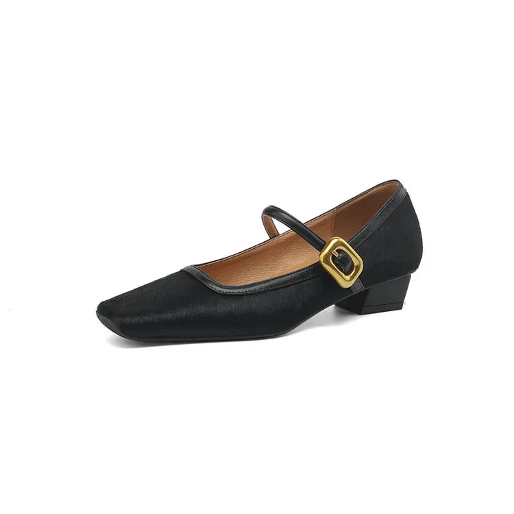 Toe Chunky Heel Shoes Horsehair Leopard Shoes
