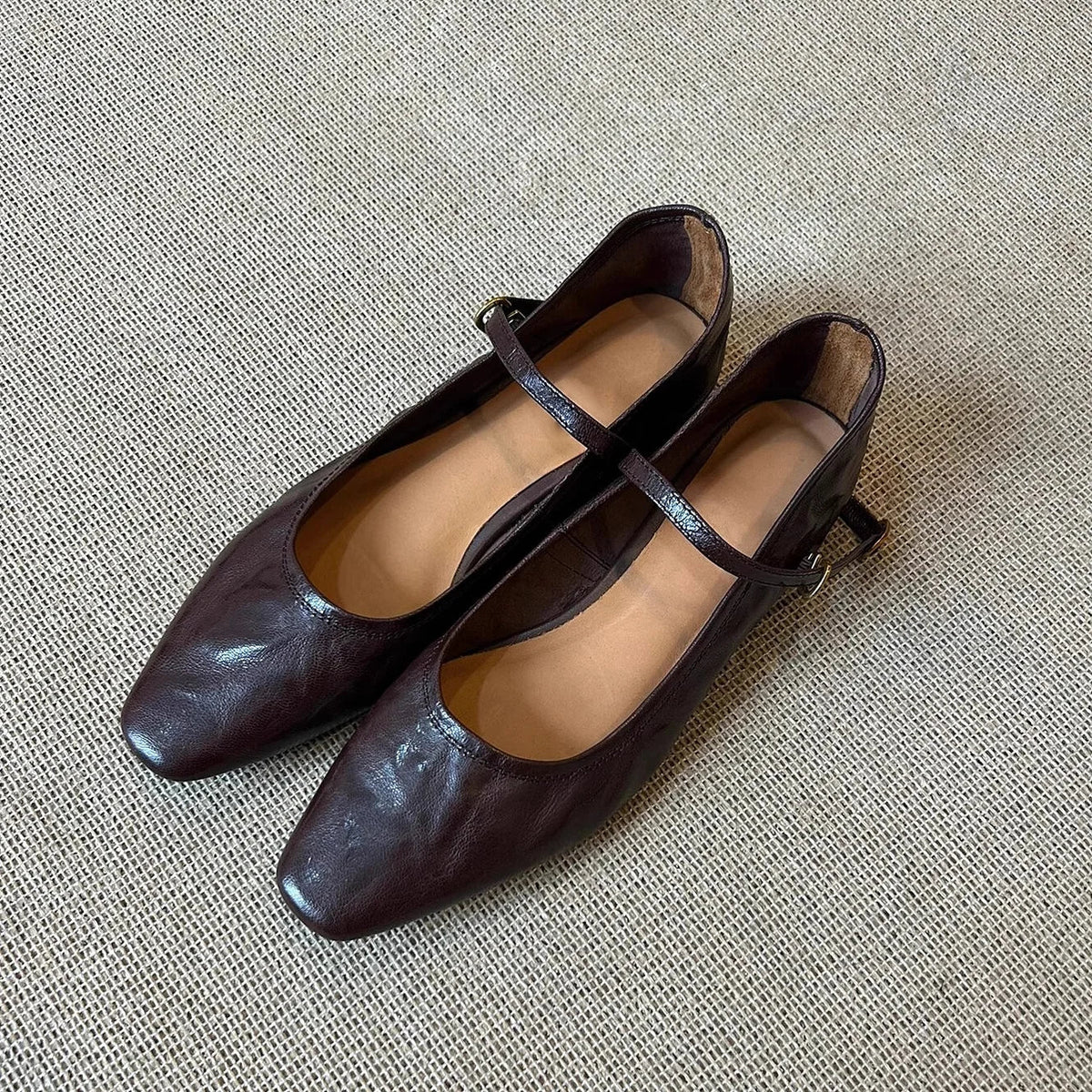 Mary Jane Shoes Retro Square Toe Flat Heel Strap Genuine Leather Soft Shallow Single Shoes
