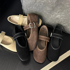 High Quality Woven Faux Suede Leather Mary Jane Shoes Metal Belt Buckle Design Shoes Comfortable Flat Loafers