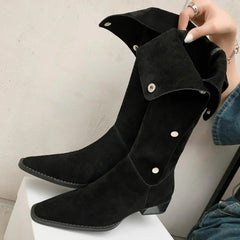 plus size 34-42 natural suede leather metal buckle slip-on flats autmn knee high boots fold casual boots shoes